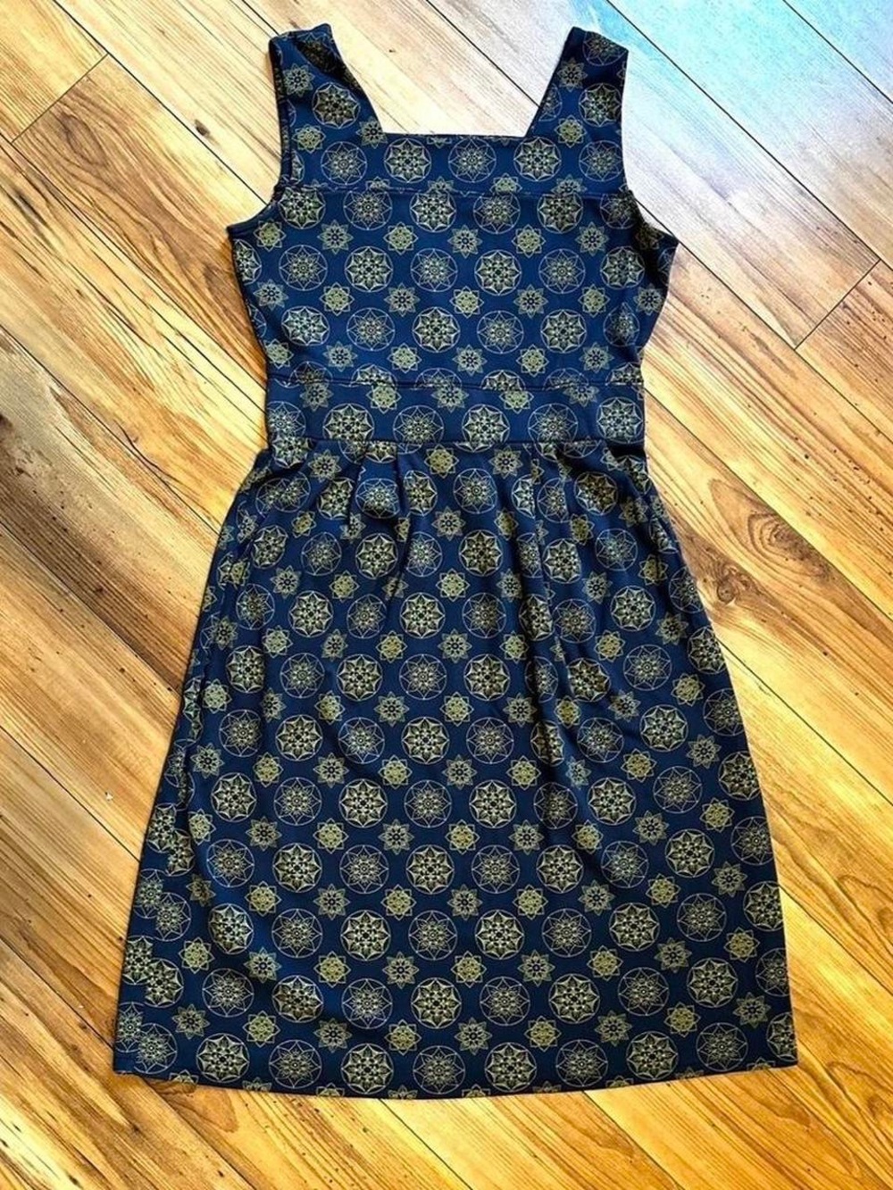 Navy Blue Midi Dress with Gold Medallion Print